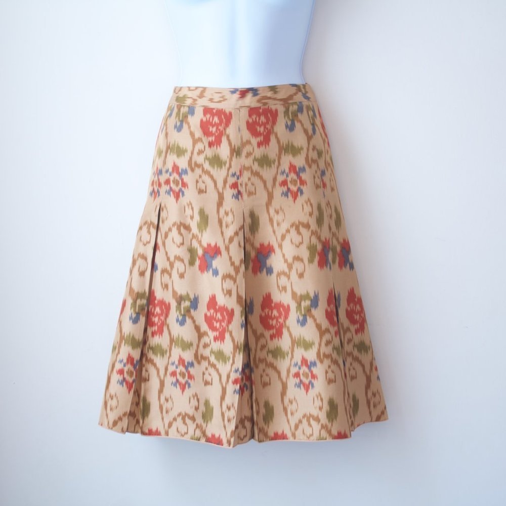 J. Jill 100% Silk Ikat Skirt Tan Brown Flowers Pleated A-Line Skirt Office - 16P